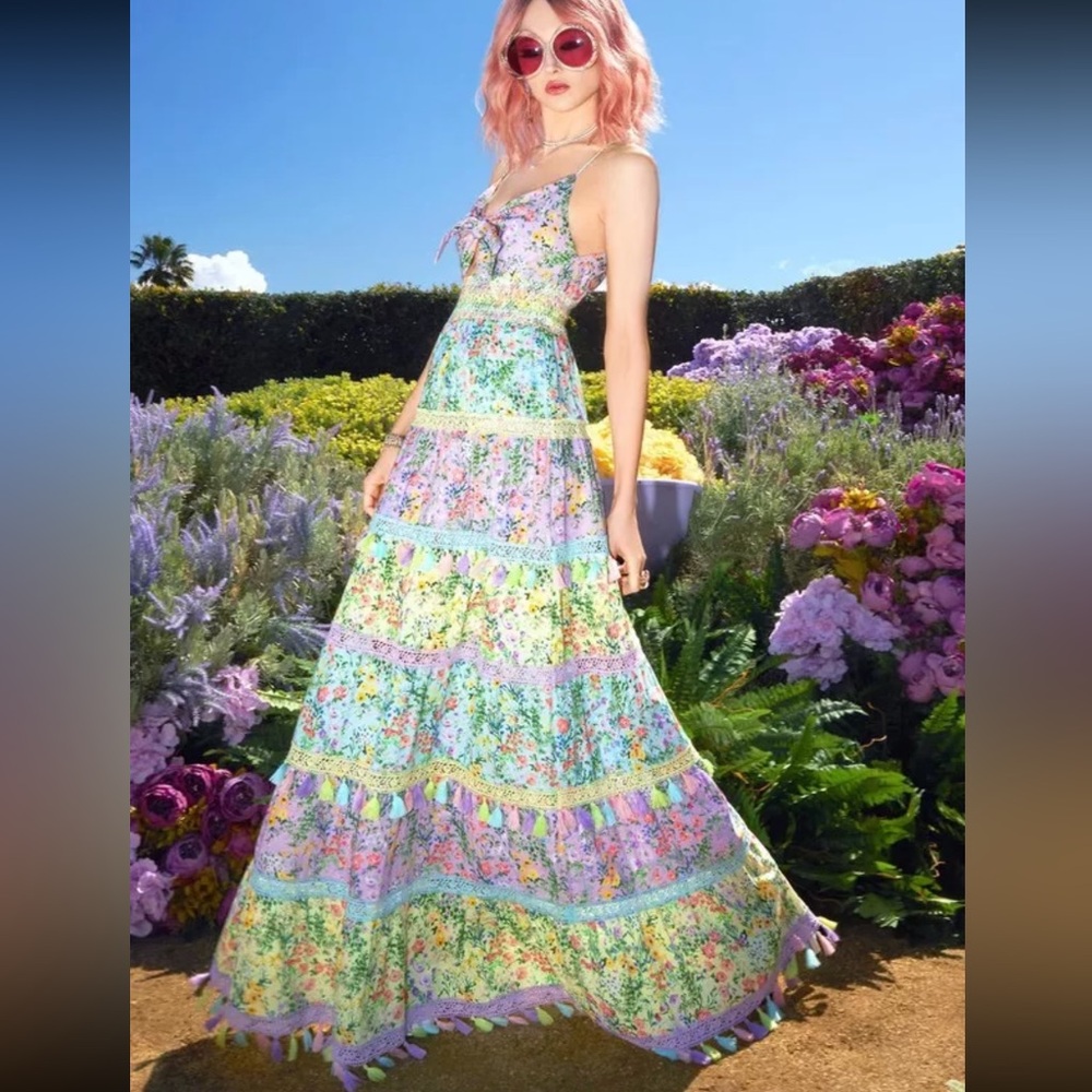 Alice + Olivia Karolina Tie Front Tiered Tassel Maxi Dress in Coastal Pastels